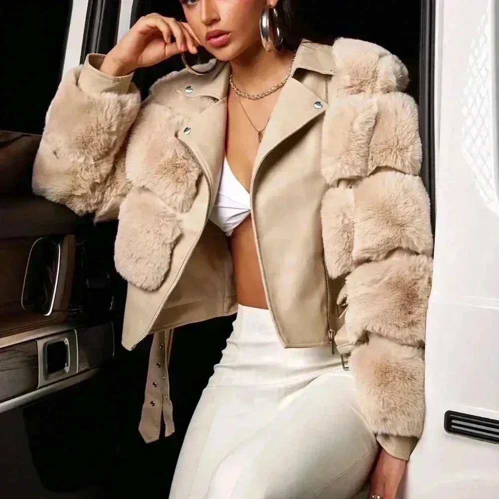 Khaki Casual Women's Faux Fur Spliced Faux Leather Double Belt Slim Warm Jacket - Picture 5 of 7